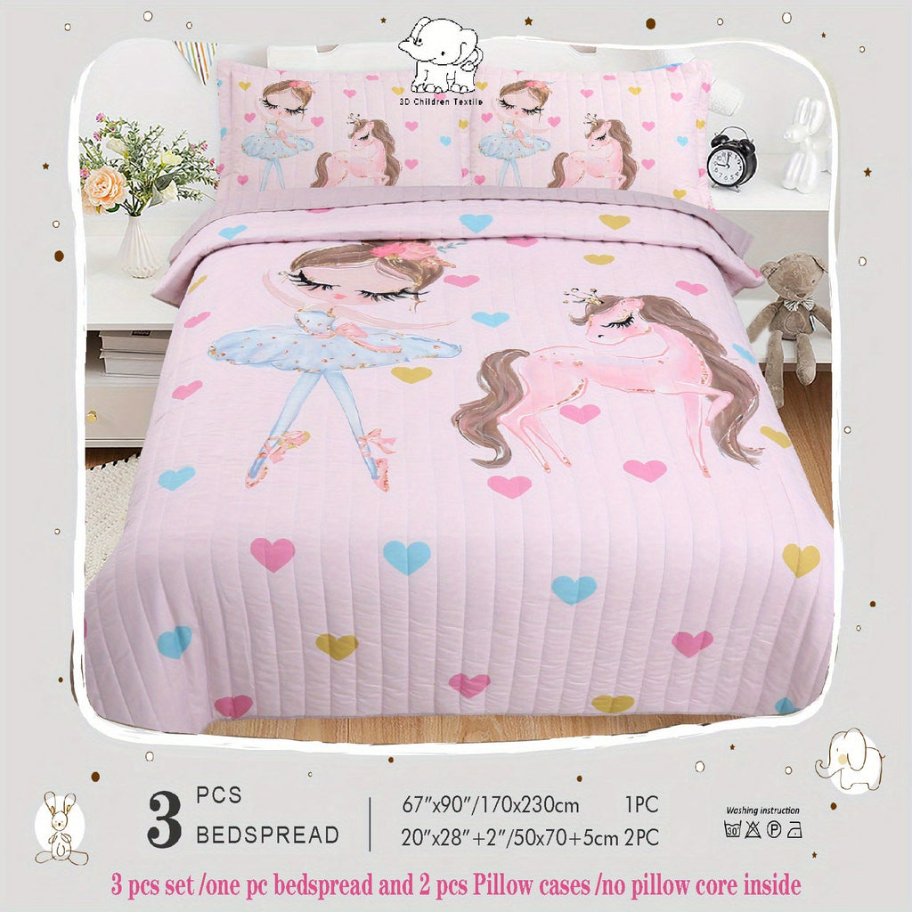Kids Bedspread Set 3 Piece Pink Princess Pony Print Soft Comfortable Bedspread with 2 Pillowcases Girls Bedroom Decor Christmas Halloween Gift Core Not Included