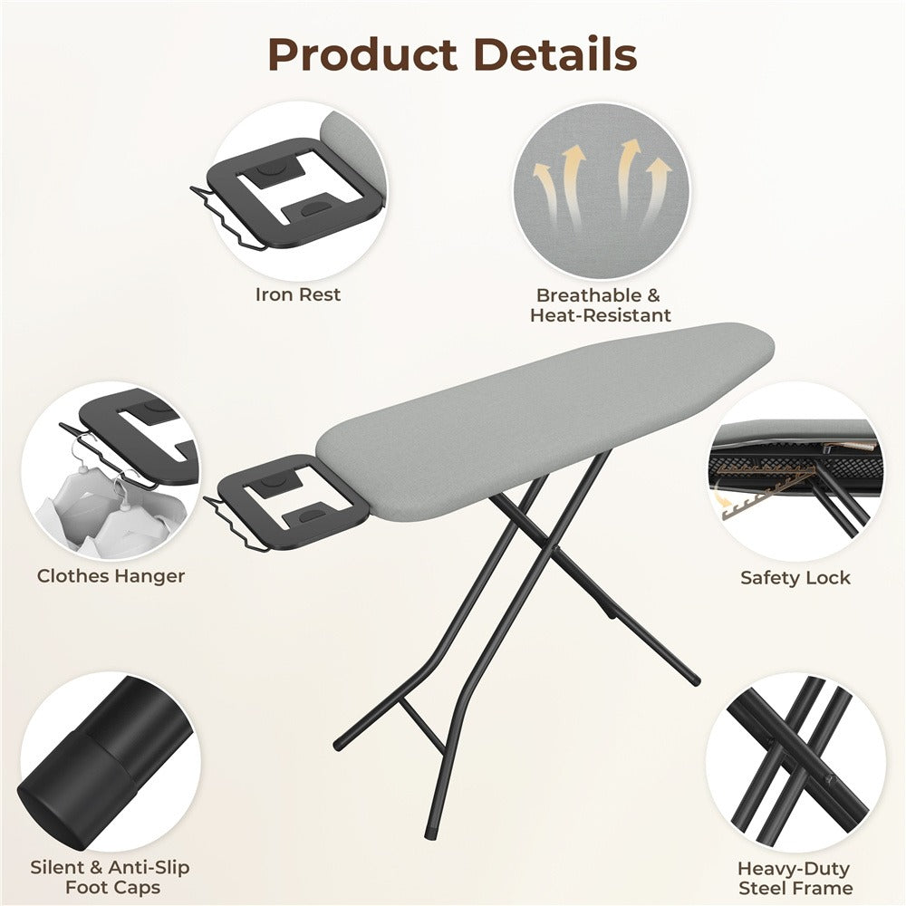 Ironing Board Full Size Adjustable Height Foldable Iron Board with 4-Leg Stand 4-Layer Thick Pad Iron Rest Safety Lock for Home Dorm Laundry Room