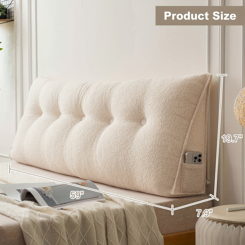 Bed Wedge Pillow Headboard Pillow with Side Pockets Removable Washable Cover Teddy Velvet Reading Pillow Twin Queen King