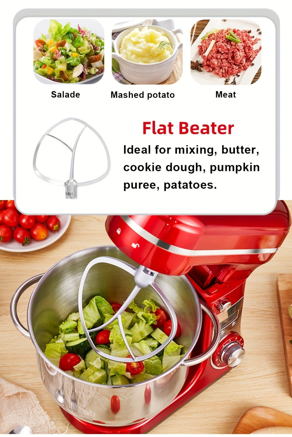 Stand Mixer 1200W 6L Stainless Steel Bowl - Kitchen Food Stand Mixer with Dough Hook, Whisk & Beater, 6-Speed Tilt-Head Electric Mixer for Baking, Kneading, Whipping, Red