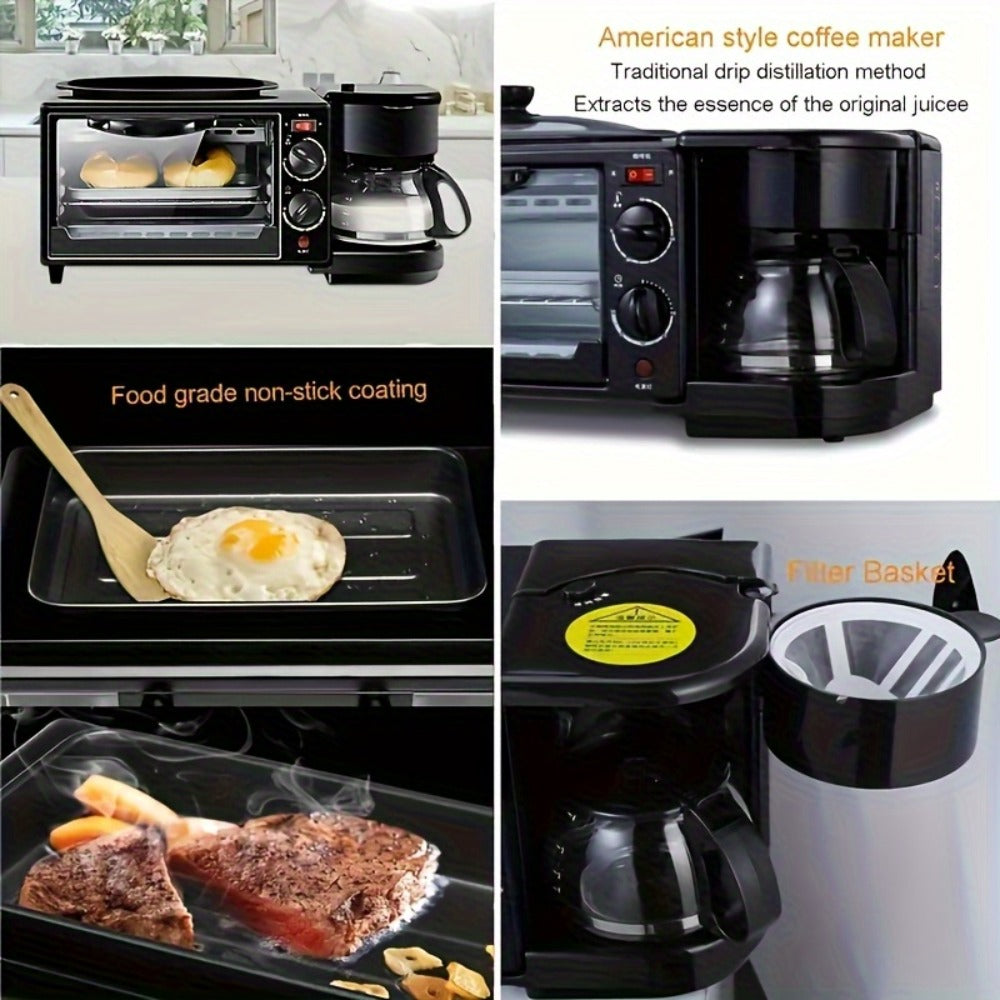 3-in-1 Breakfast Station Maker - Coffee Maker + Toaster + Frying Pan Combo, One-Touch Timing Fast Cooking, All-in-One Breakfast Machine 110V US Plug for Home Kitchen Apartment Dorm