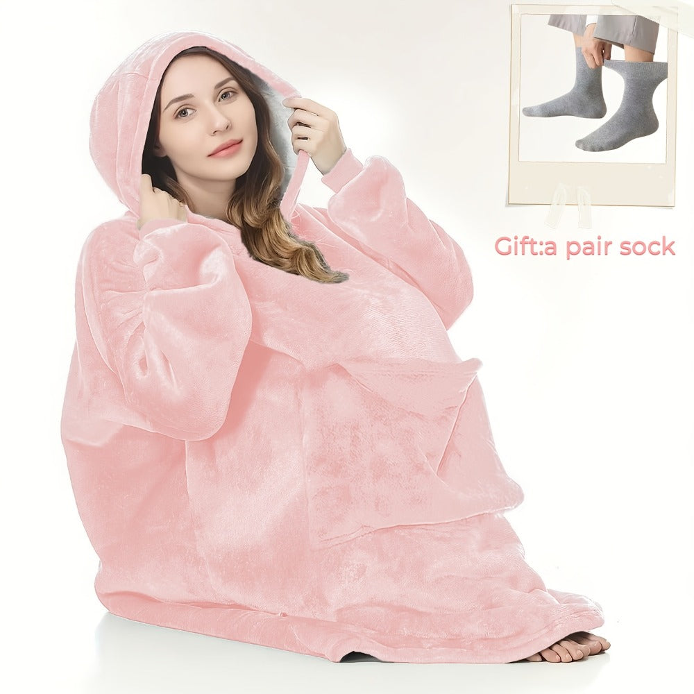 Wearable Hooded Blanket ¨C Reversible Oversized Sherpa Throw with Kangaroo Pocket & Socks, Machine Washable, Christmas Gift, 4 Styles