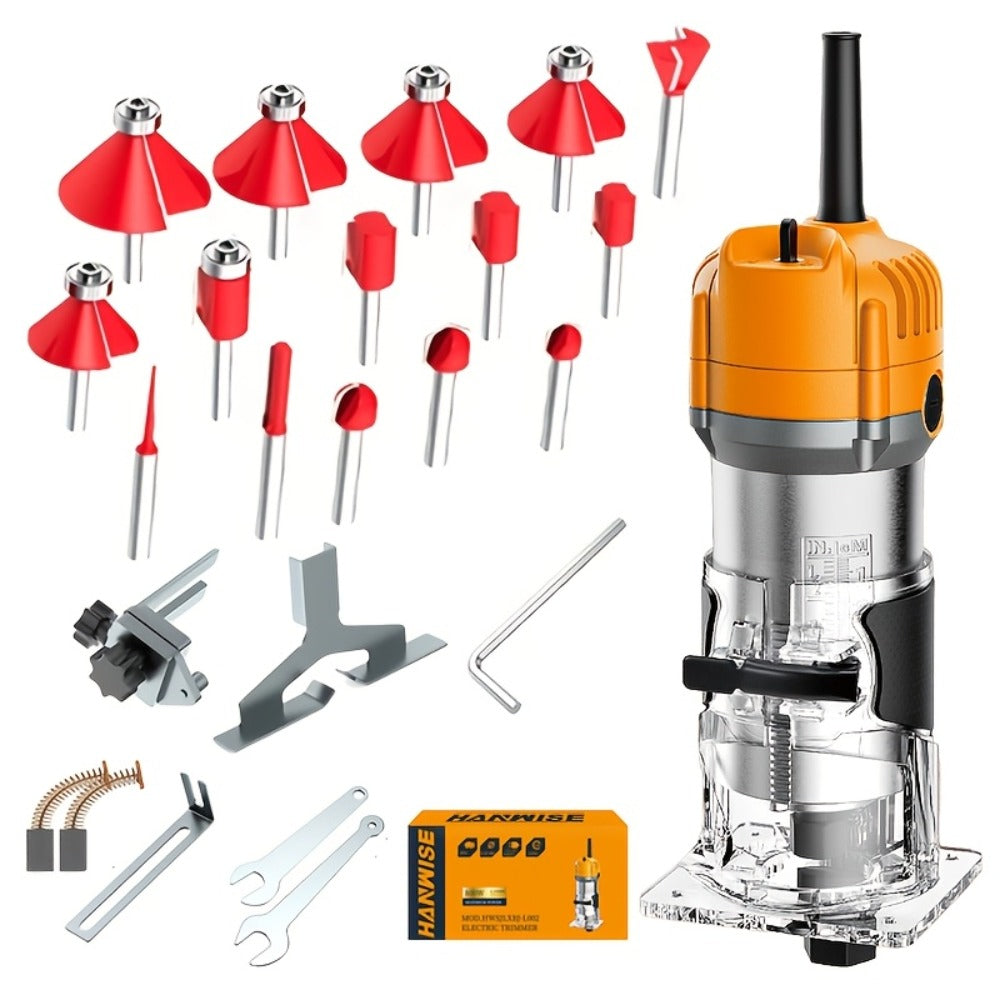 Wood Router 800W 35000 RPM Compact Electric Router Tool | 15-Piece 1/4¡± Bit Set for DIY Woodworking, Edge Trimming, Slotting, Carving & Contour Processing ¨C Variable Speed Rotary Tool