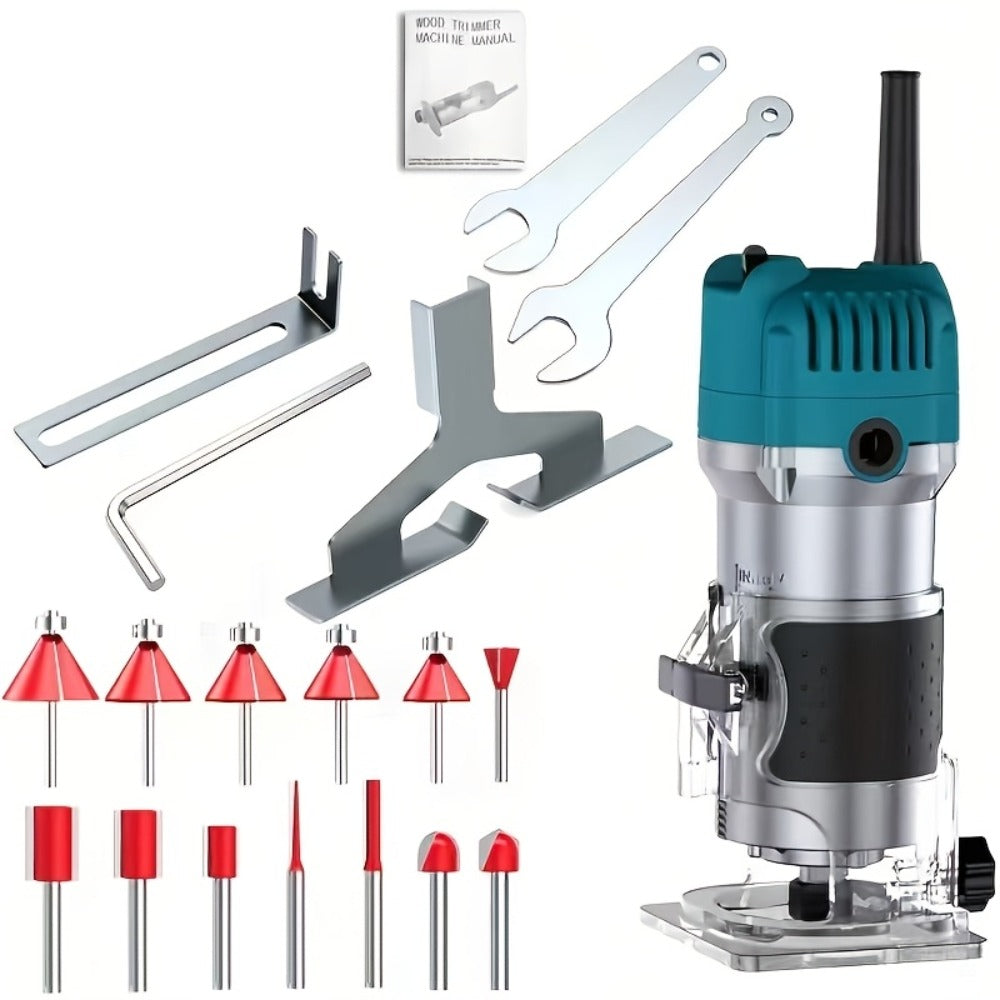 Wood Router Carving Machine Electric Trimmer ¨C Wood Slotting, Drilling & Engraving Tool with Optional 15pc Milling Cutter Set, for Woodworking, Furniture Making & DIY Crafts