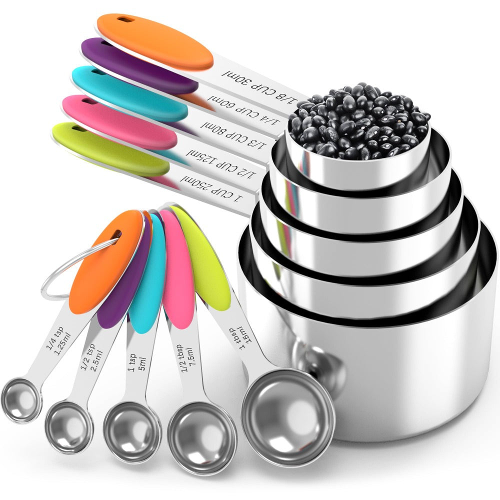 Stainless Steel Measuring Cups and Spoons Set 5pcs with Silicone Handle - Baking & Cooking Kitchen Measurement Tools