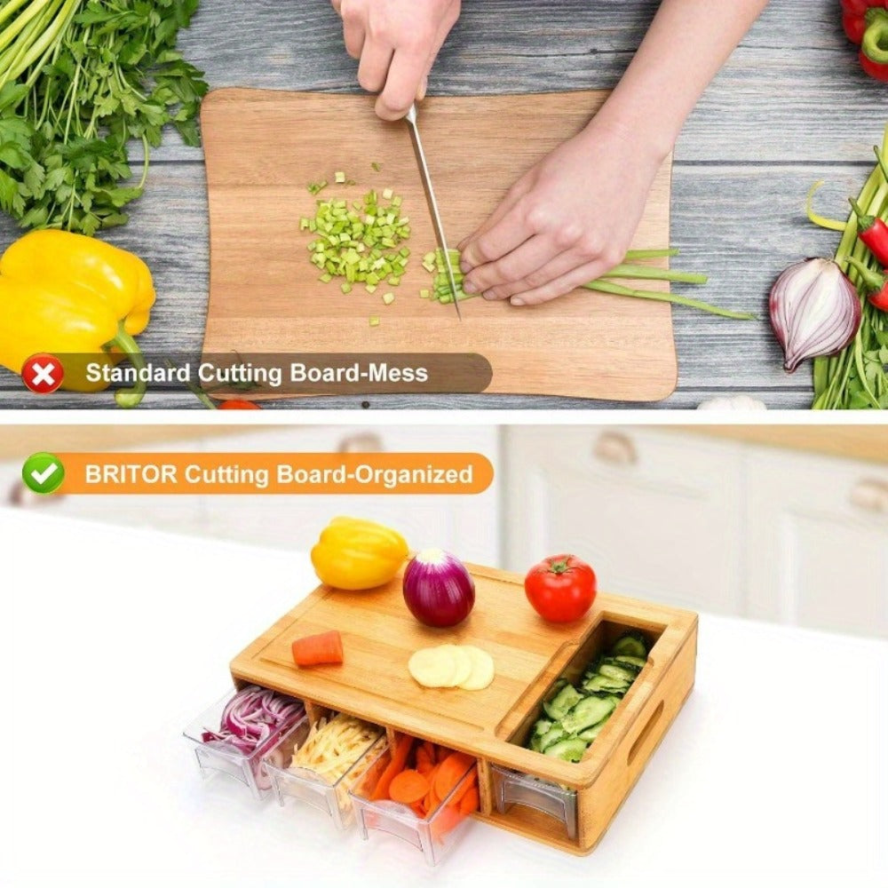 Bamboo Cutting Board with Trays & Drawers ¨C Large Butcher Block Chopping Board with Food Sliding Opening, Stackable Airtight Storage Trays & Bamboo Lids ¨C Kitchen Carving Board Gift for Home Cooks