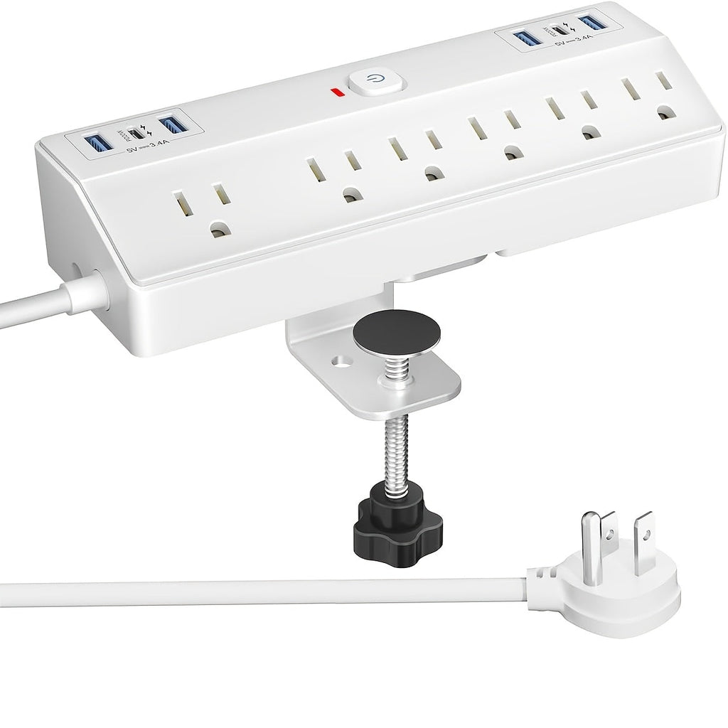Desk Clamp Power Strip with USB-C PD 20W Fast Charging - 4 AC Outlets 4 USB Ports Surge Protector 1050J 8.8Ft Flat Plug Extension Cord Removable Clamp Fits 1.8 Inch Tabletop Edge Home Office Gaming