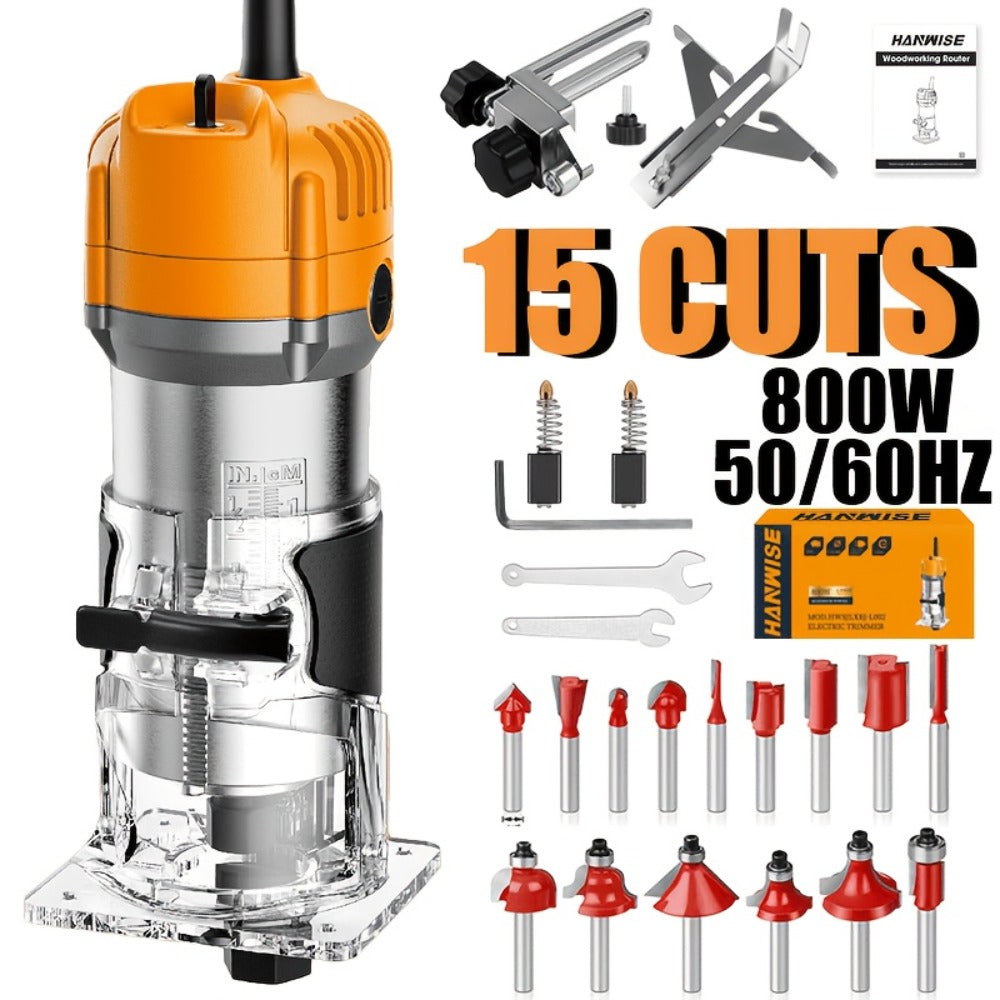Wood Router Edge Trimmer 800W 6.1Amp Compact Hand Router Tool 35000RPM with Variable Speed, 1/4¡± Collet, Router Bit Set for Woodworking Slotting Carving Edge Treatment DIY Projects
