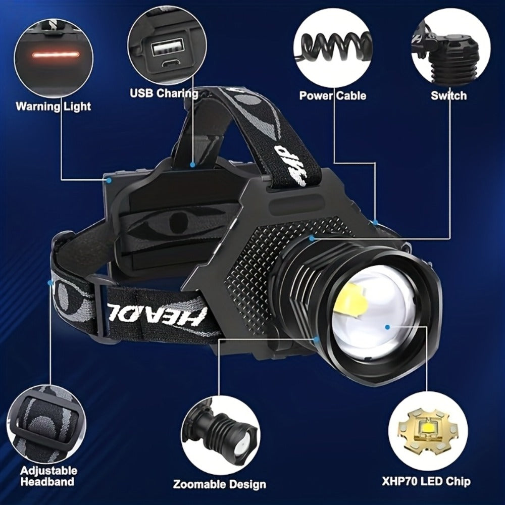 LED Headlamp 1700LM XHP-70 Aluminum Alloy with 6000mAh Rechargeable Battery ¨C 3 Modes Adjustable Spotlight Floodlight Head Lamp for Camping Hiking Hunting Fishing Outdoor Adventure