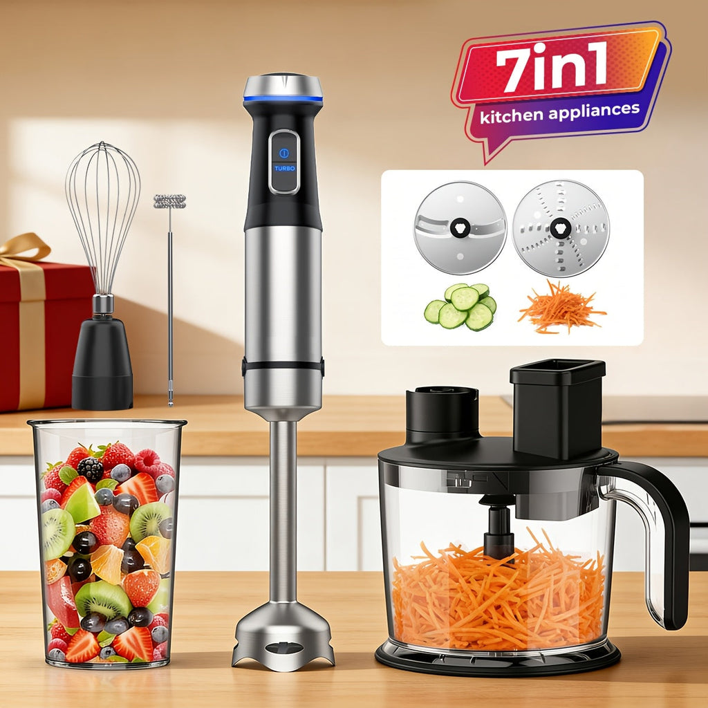 Immersion Blender 7-in-1 Hand Blender, 15-Speed & Turbo Mode, Stainless Steel Stick Blender with 50oz Food Processor, Whisk, Milk Frother & 4 More Attachments ¨C Complete Kitchen Blending Set