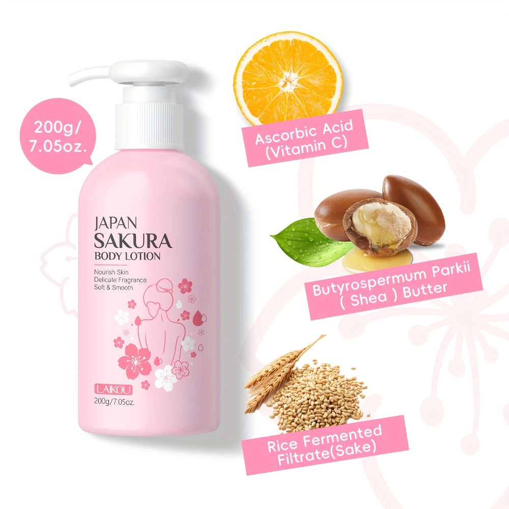 Sakura Body Lotion Hydrating Moisturizer 200g | LAIKOU Radiant Skin Cream with Vitamin C & Shea Butter | Dry Cracked Skin Repair | Brightening Nourishing Body Cream for Silky Smooth Skin