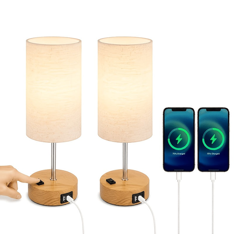 Dimmable Table Lamp with USB Charging Ports & AC Outlet - 3-Way Touch Control Bedside Nightstand Lamp, 6W LED Bulb Included, Wood & Metal Base, Modern Desk Light for Bedroom, Living Room & Office (1 or 2 Pack)