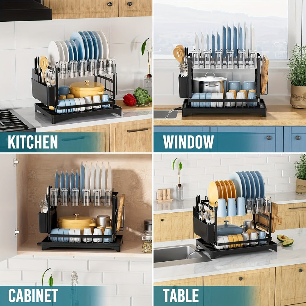2-Tier Metal Dish Drying Rack with Drainboard ¨C Kitchen Counter Dish Drainer Compact Countertop Drying Rack Black White Gray