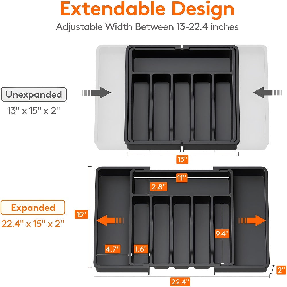 Silverware Organizer Adjustable Drawer Organizer | Utensil & Cutlery Storage Tray for Kitchen Drawer | Expandable Knife Fork Spoon Holder 22.4¡± x 15¡± x 2¡± | Kitchen Organization & Storage in Black Grey White