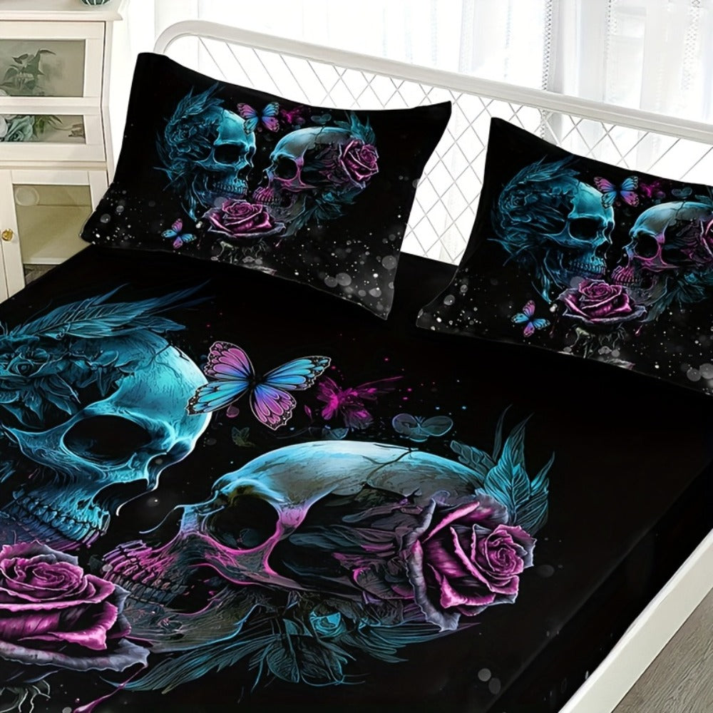 Gothic Skull Rose Fitted Sheet Set 3-Piece Halloween Bedding, HD Print Skull Flower Deep Pocket Fitted Sheet with 2 Pillowcases, Machine Washable Hypoallergenic, Twin Full Queen King, Bedroom Dorm Decor