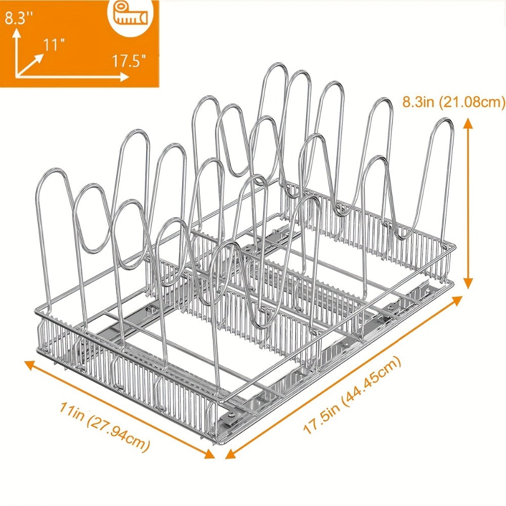 Cabinet Pot & Pan Organizer Rack with 10 Adjustable Dividers, 11¡±W x 17.5¡±D x 8.3¡±H, Chrome Steel Kitchen Storage