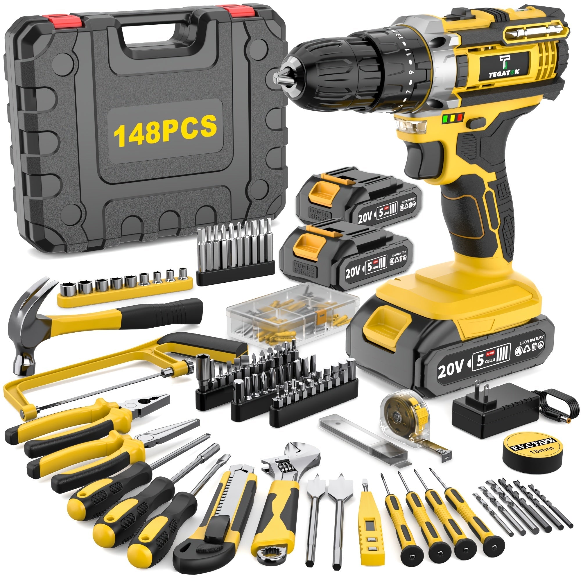 20V Cordless Drill Set Impact Power Drill 3/8 Inch Keyless Chuck 18+3 Clutch 45Nm Max Torque 2-Speed Work Light 2.0Ah Battery Fast Charger 136 148 PCS Kit
