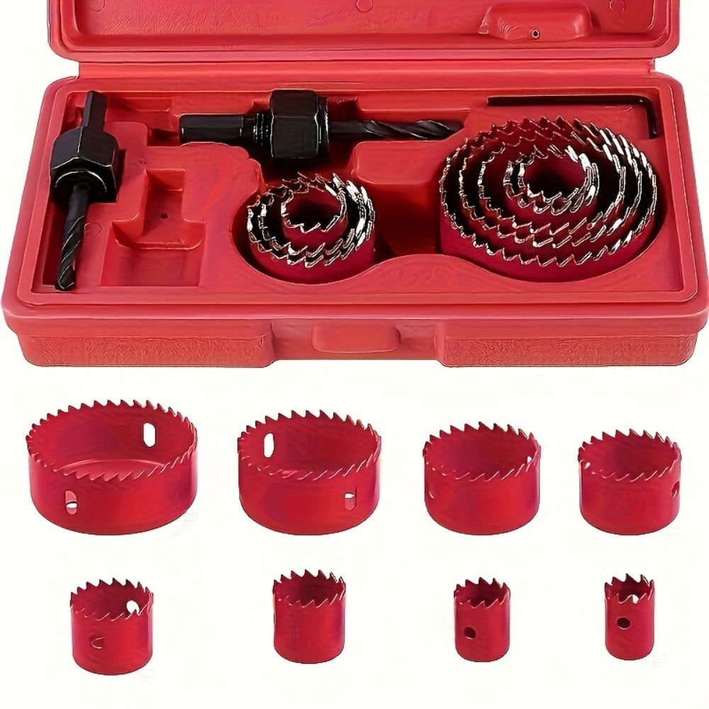 Hole Saw Set 8 Piece Kit 3/4 to 2-1/2 Inch 19mm-64mm Saw Blades with Mandrel and Allen Wrench for Drilling Softwood PVC Plastic Boards Drywall Woodworking Hole Cutter