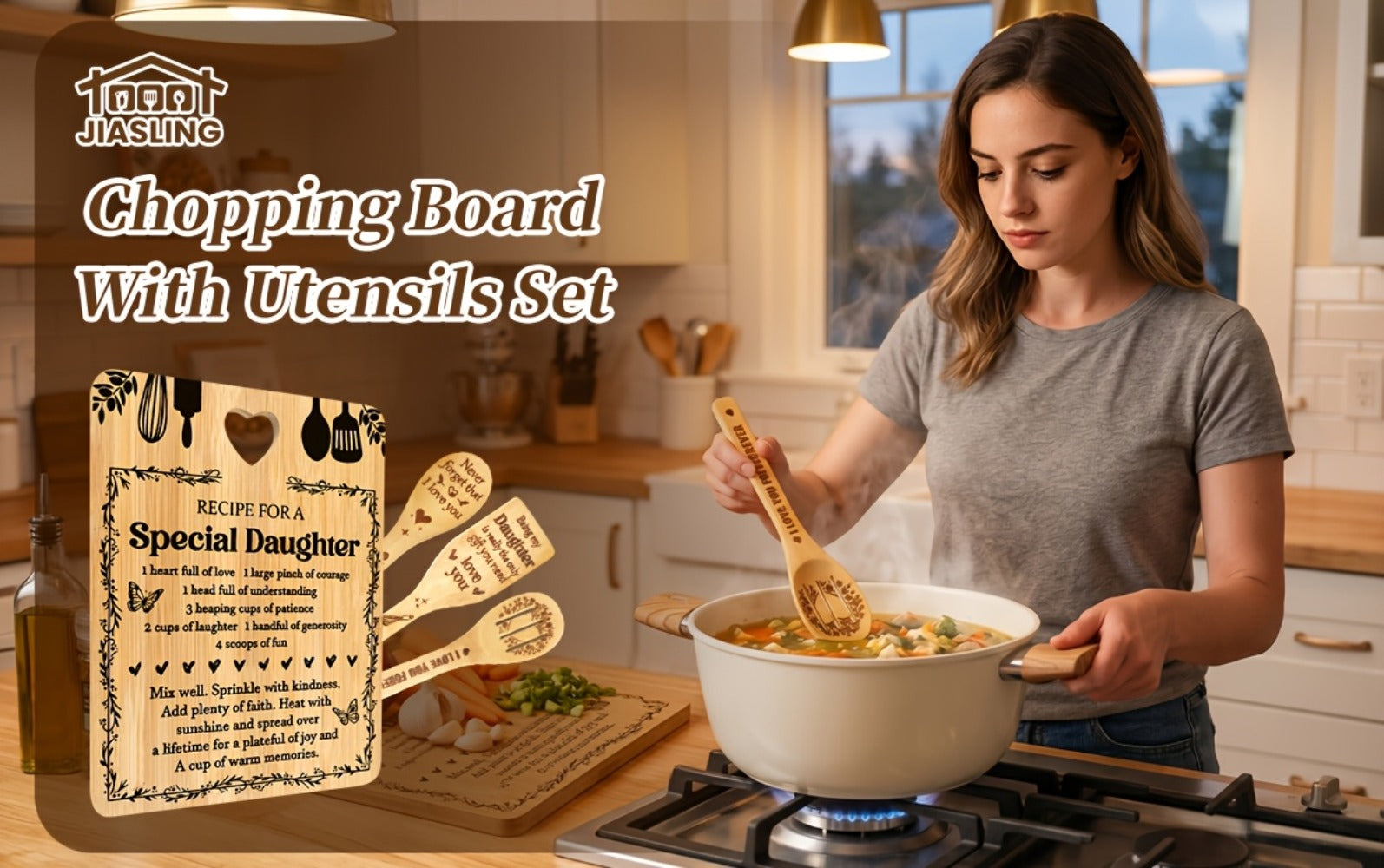 Engraved Bamboo Cutting Board Gift Set for Daughter, Recipe for a Special Daughter Kitchen Utensil Set, Personalized Birthday Christmas Gifts for Daughter from Mom Dad, Unique Sentimental Kitchen Gift