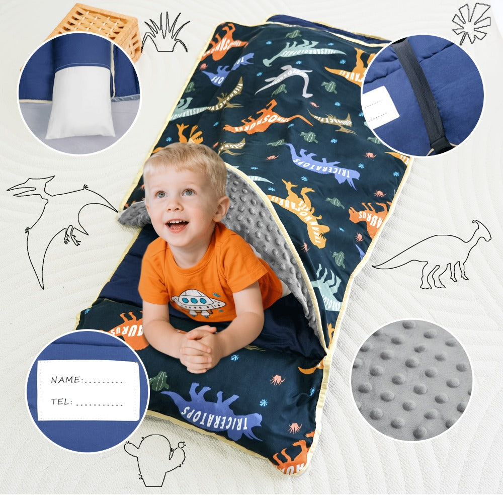 Kids Nap Mat with Pillow Foldable Lightweight Minky Dot Cooling Breathable Portable Preschool Daycare Mat with Name Tag Dinosaur Mermaid Swan Design Gift for Girls Boys Toddlers