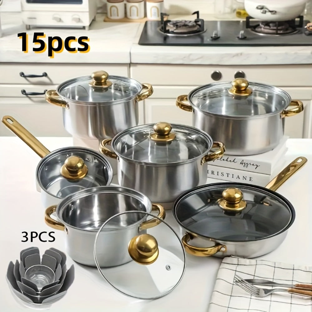 304 Stainless Steel Cookware Set with Golden Handles, 1/10/15pcs Deep Thick Soup Pot & Pan Set for Induction & Gas Stoves, Outdoor Camping & Kitchen Cooking, Pink, Silver & Orange
