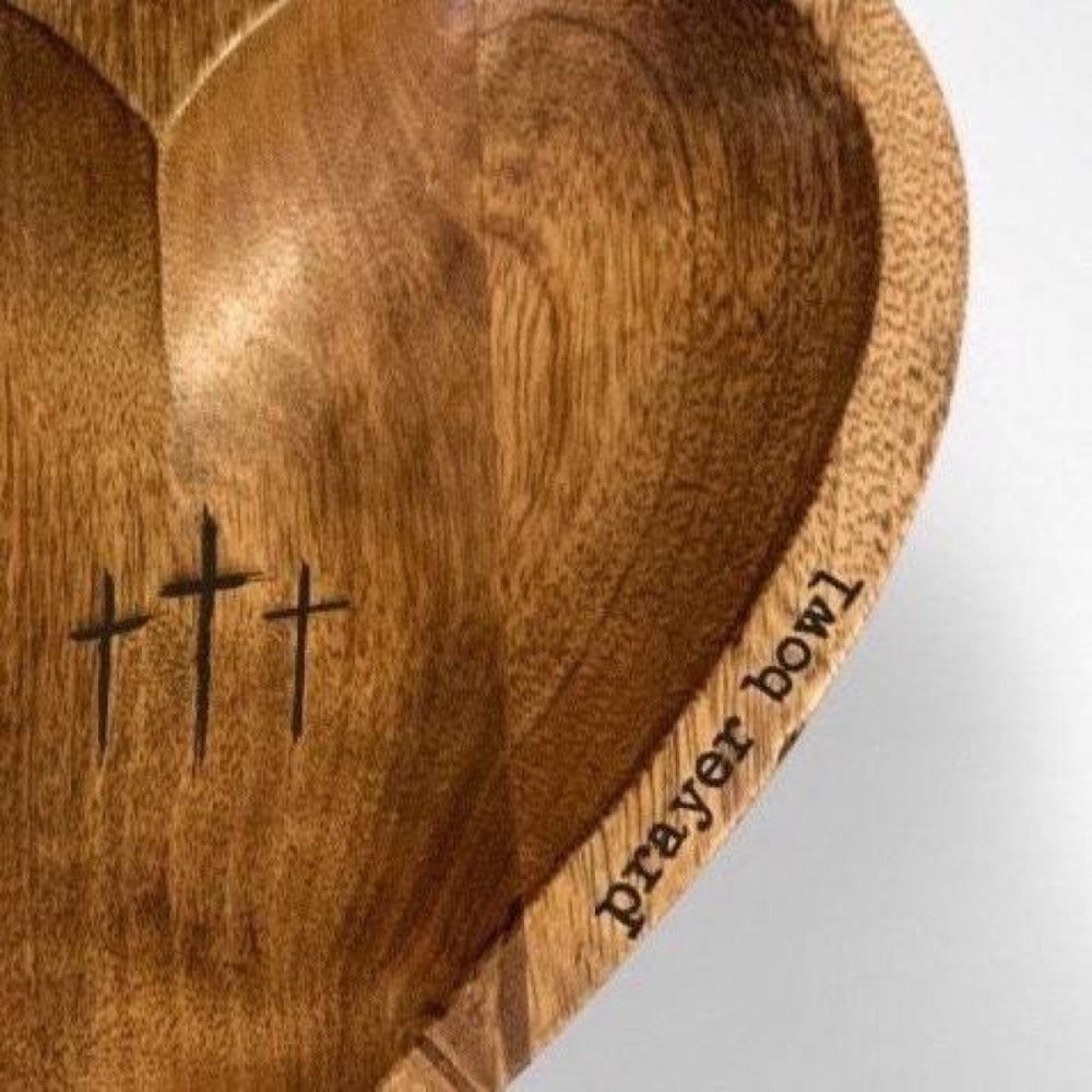 Wooden Prayer Bowl with 24 Prayer Cards ¨C Hand-Carved Heart Shaped Cross Engraved Vintage Religious Gift Set for Easter, Christmas, Thanksgiving, Home Altar & Prayer Room Tabletop Decor