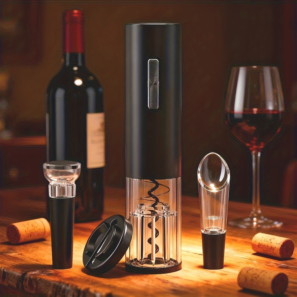 Electric Wine Opener Set 4-in-1 Rechargeable - USB-C Automatic Corkscrew with Blue LED, Vacuum Stopper, Wine Pourer & Foil Cutter - Complete Wine Accessories Gift Set for Home Bar, Parties & Weddings
