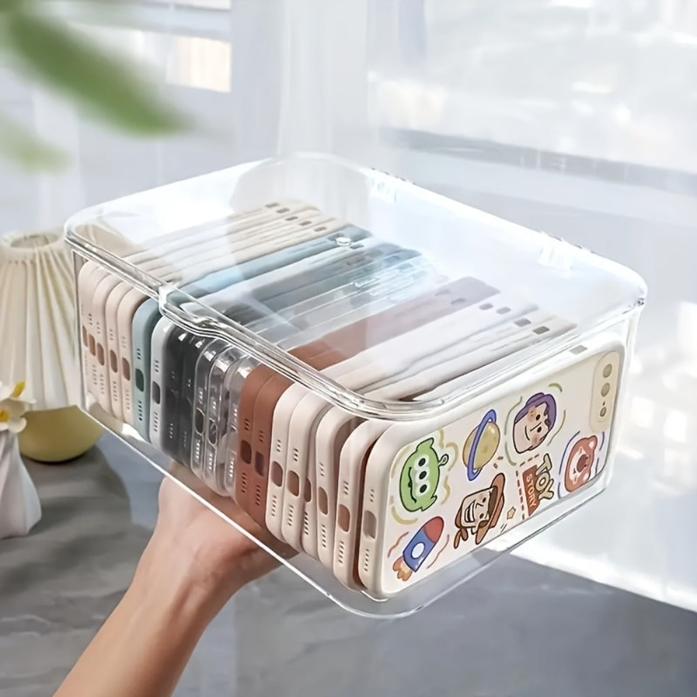 Clear Acrylic Desktop Organizer with Lid - Phone Case Storage Basket for Home Office Desk Organization