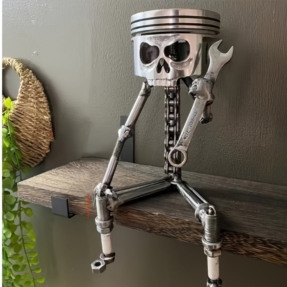 Steampunk Skull Sculpture with Wrench - Hand-Painted Mechanical Piston Gothic Decor, Resin Desk Decoration for Man Cave, Garage, Office, Engineer Gift, Car Lover Gift, Halloween Decor