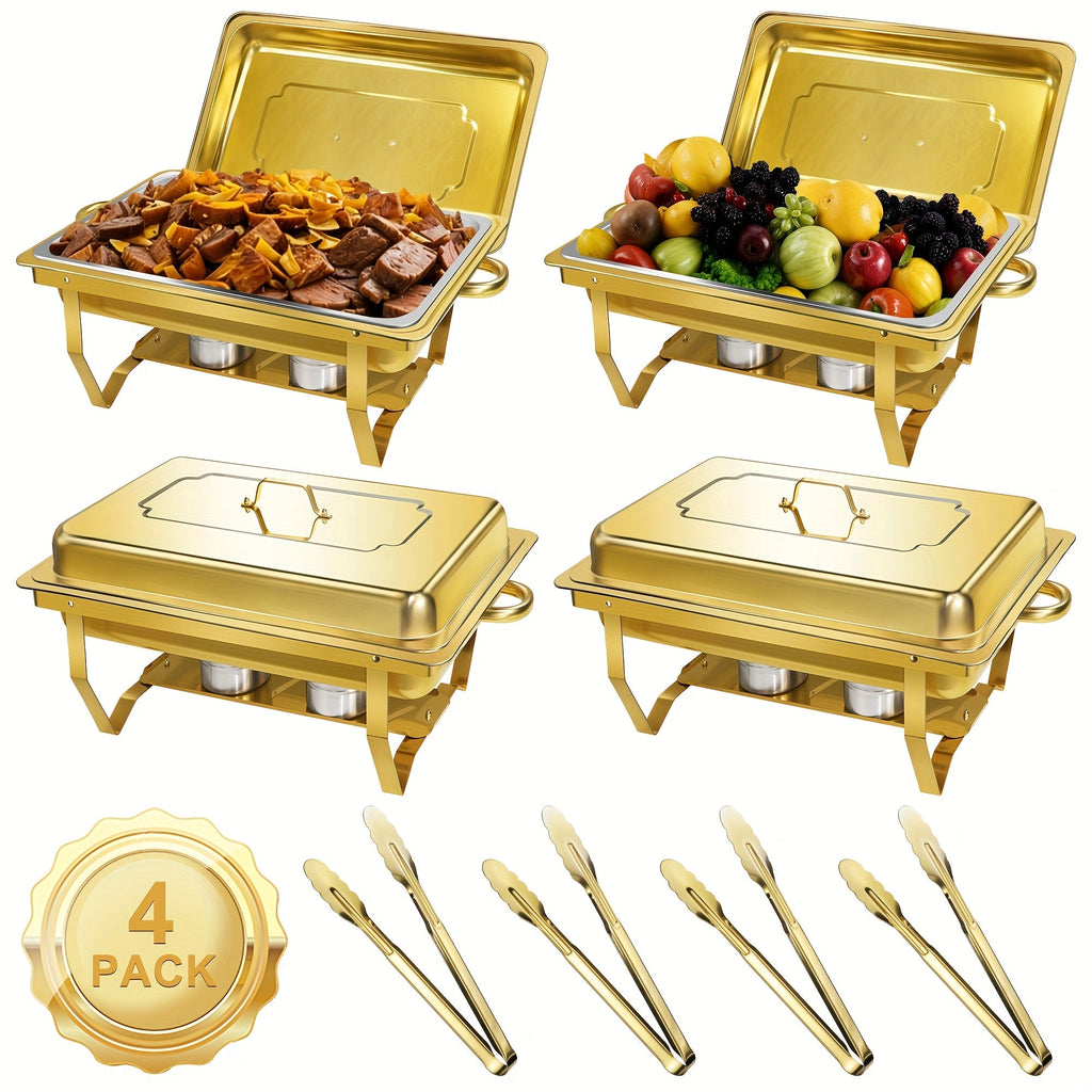 Chafing Dish Buffet Set 8QT Gold - Stainless Steel Food Warmer with Lid Foldable Stand & Golden Serving Tongs for Parties Weddings Catering Events, 1 or 4 Pack