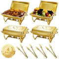 Chafing Dish Buffet Set 8QT Gold - Stainless Steel Food Warmer with Lid Foldable Stand & Golden Serving Tongs for Parties Weddings Catering Events, 1 or 4 Pack