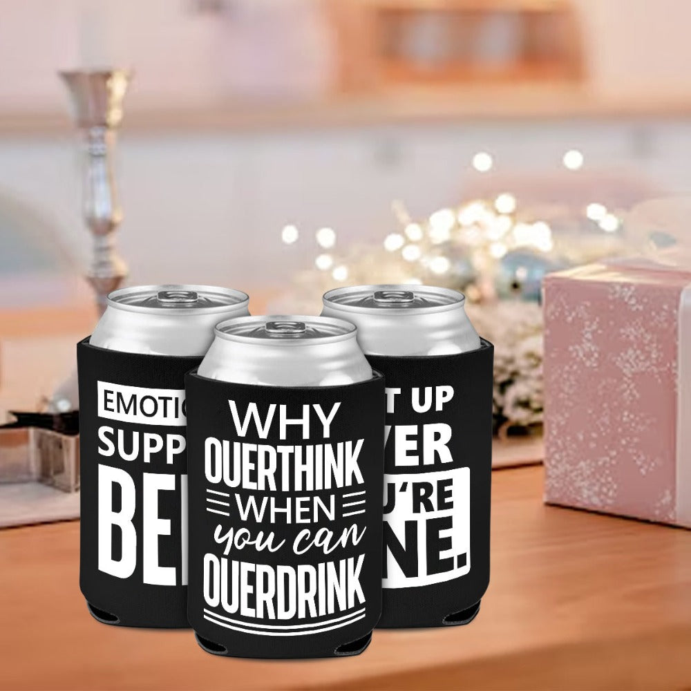 6-Pack Neoprene Beer Can Coolers with Funny Drinking Phrases - Insulated Drink Sleeves for Soda & Lager - Durable Cylindrical Can Huggers for Bachelorette, Oktoberfest & Camping Parties