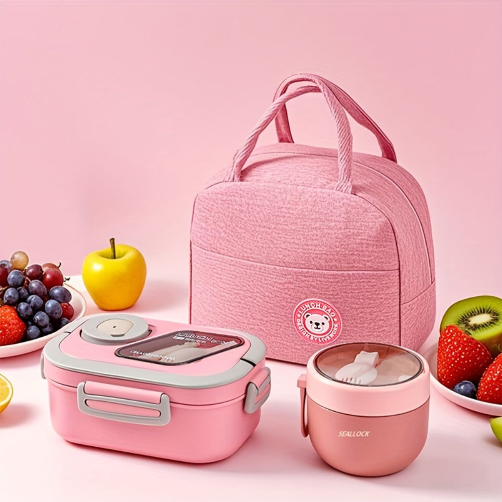 Bento Box 2-Layer with Multiple Compartments - Complete Set with Cup Bag Cutlery and Sauce Box, Microwave Safe Lunch Box for School Work and Outdoor Meals, Leak Proof Temperature Retentive Food Container Available in White Pink and Blue