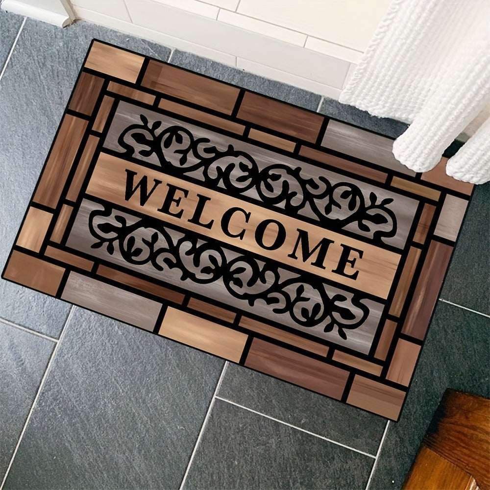 Welcome Doormat Wood Pattern - Non-Slip Entrance Mat with Polypropylene Backing | Indoor Outdoor Floor Mat for Front Door, Entryway & Home Decor | Durable Anti-Slip Door Rug in 2 Sizes