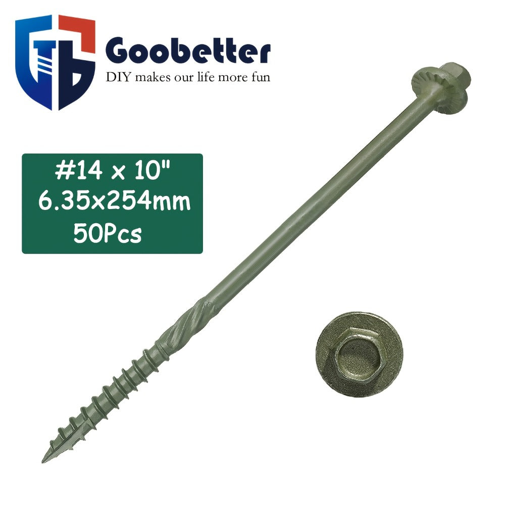 50pcs Heavy Duty Green Structural Wood Screws 14x10 Inch Carbon Steel Hex Head Partially Threaded Rust Resistant Exterior Timber Screws with Hex Socket for Deck Log Cabin Framing