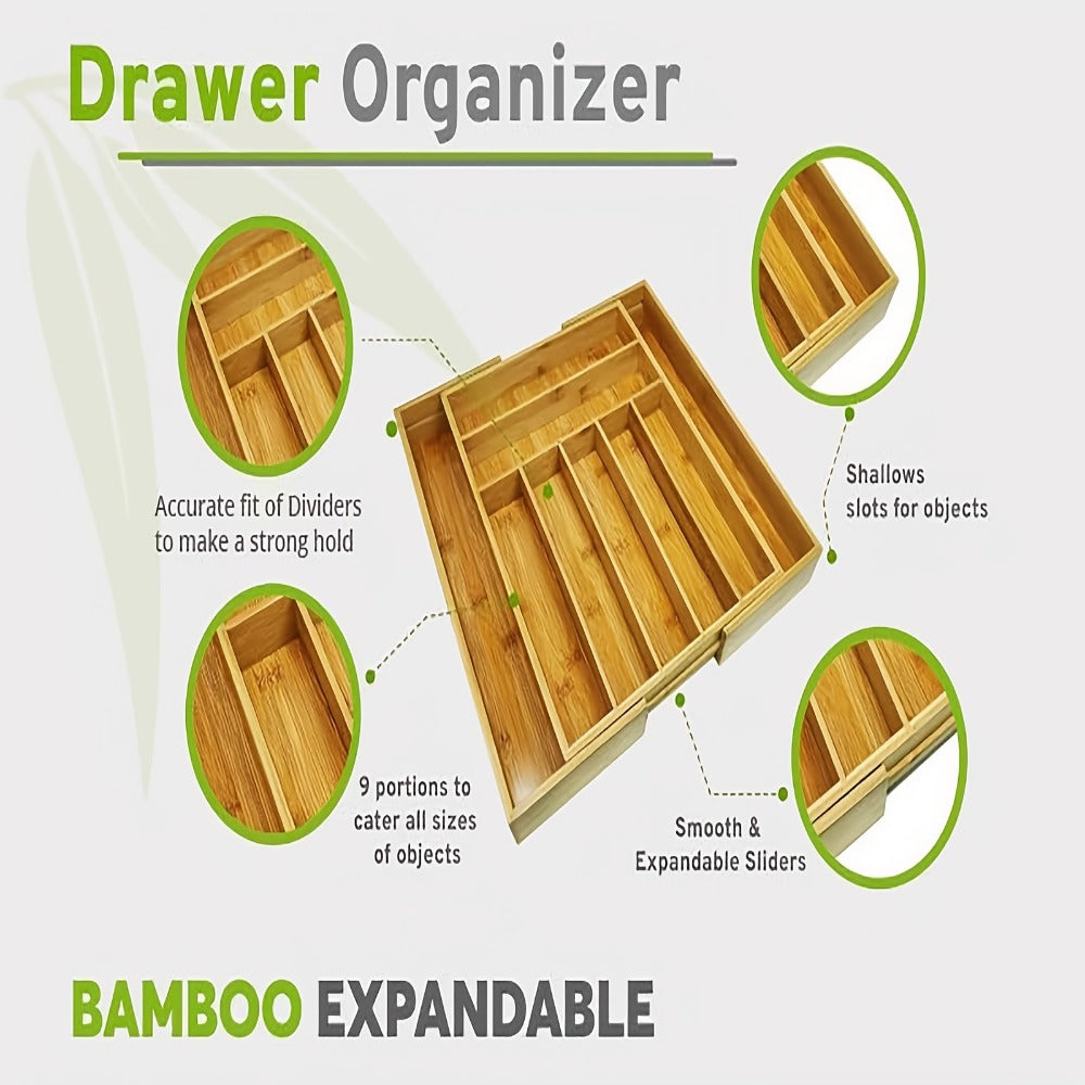 Bamboo Drawer Organizer Expandable Utensil Tray | Adjustable Silverware Organizer for Kitchen Drawers | 5 or 9 Compartments Cutlery Divider for Fork Spoon Knife Kitchen Tools