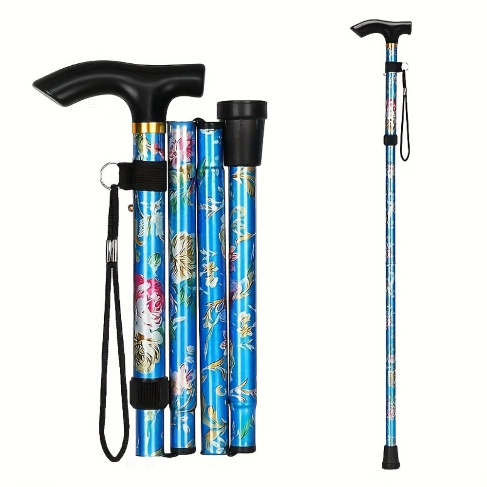 Foldable Walking Cane for Seniors Adjustable Height Folding Stick with Wrist Strap T-Handle Printed Design Portable Lightweight Mobility Aid Gift for Parents