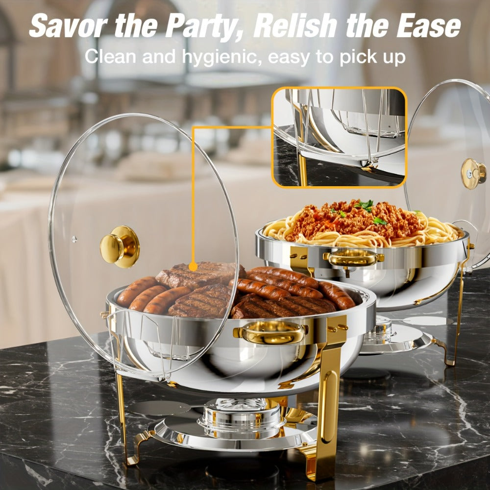 Gold Chafing Dishes Buffet Set 5QT Round Stainless Steel Food Warmer with Glass Lid Lid Holder Mirror Polished for Wedding Party Catering Events - 2 Pack or 4 Pack Chafer Buffet Server