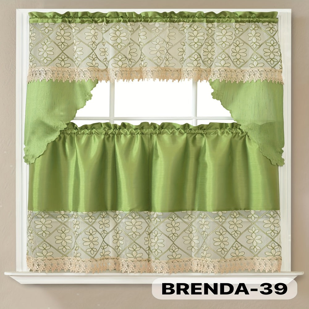 Kitchen Curtains 3 Piece Set Embroidered Satin Valance and Tiers - Rod Pocket Light Filtering Machine Washable 46 Colors Available All Season Home Decor