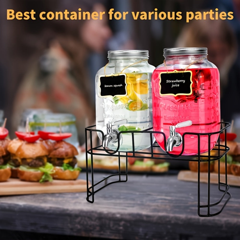Glass Beverage Dispenser Set with Stand, 1-Gallon Square Glass Drink Dispenser with Stainless Steel Spigot & Ice Tube, Leak-Proof Lemonade Dispenser for Kitchen, Parties, Camping, 2pcs