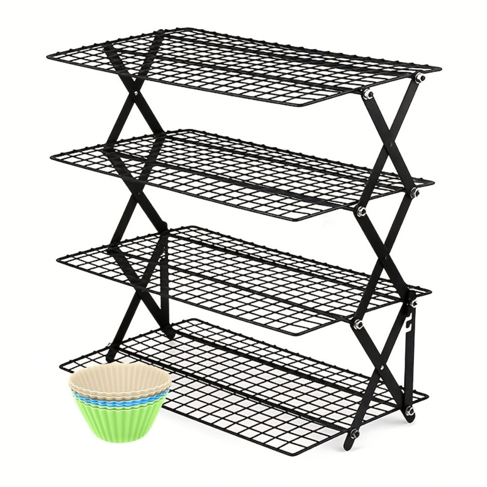 4-Tier Collapsible Cooling Rack Set with Muffin Cups - Metal Wire Baking Rack for Cookies Cakes Bread Roasting BBQ Countertop Kitchen Drying Rack