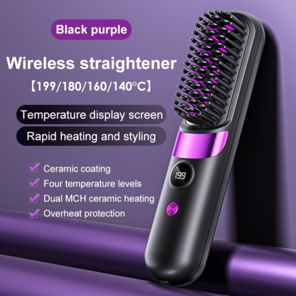 Wireless Hair Straightener Comb USB Rechargeable | Cordless Straightening Brush with Negative Ion, 3-Speed Temp Control, LED Display ¨C Travel Hair Styler