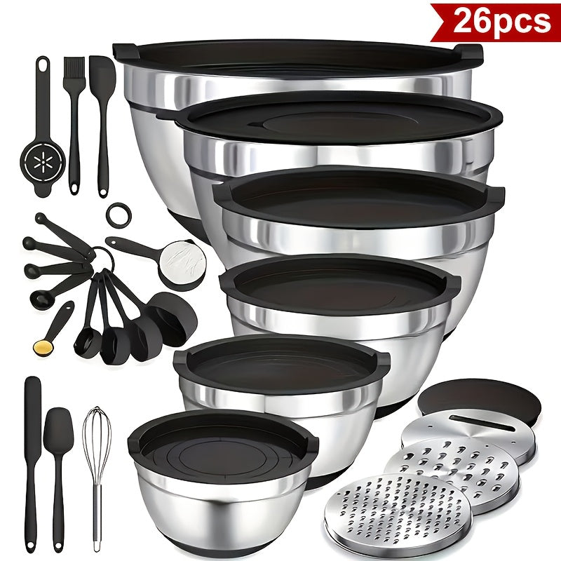 Stainless Steel Mixing Bowls with Airtight Lids 26pcs Set, 3 Grater Attachments, Non-Slip Bottoms, 7Qt 4Qt 2.5Qt 2Qt 1.5Qt 1Qt, Nesting Bowls for Mixing Serving Salad Baking