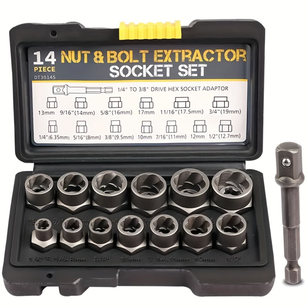 Nut Extractor Kit 14pcs, Damaged Bolt & Nut Remover Set with 13 Stripped Nut Extractors & 1 Hex Socket Adapter, 1/4¡± to 3/8¡± Drive Lug Nut Removal Tool for Construction, Auto & Home Repair