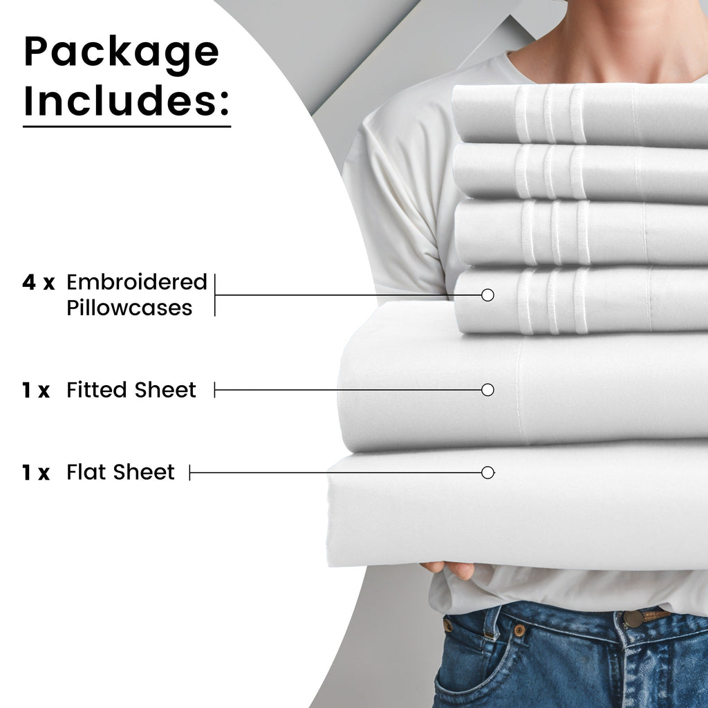 Fitted Sheet Set 6-Piece Brushed Polyester Deep Pocket Bed Sheets 20 Colors Hotel Luxury Soft Bedding with Embroidered Pillowcases