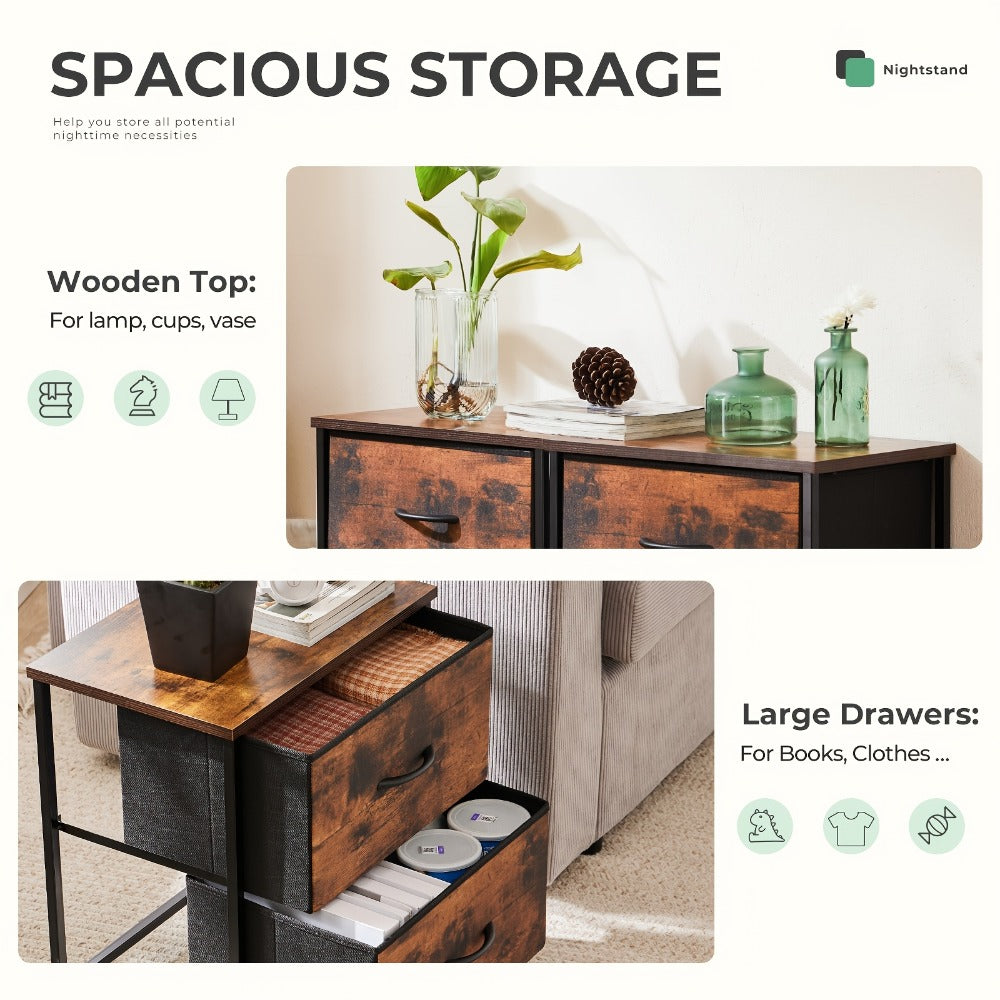 Nightstand with 2 Storage Drawers, 20¡± Bedside Table with Wooden Top & Fabric Cabinet, Steel Frame Mini Dresser for Bedroom, Dorm, Living Room ¨C 1pc or Set of 2pcs, Black White Grey Rustic Brown