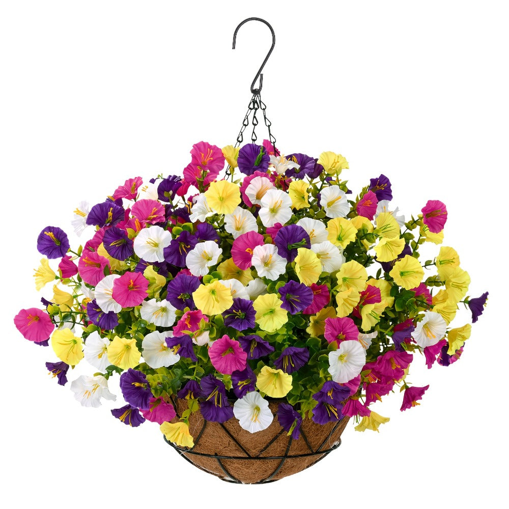 Artificial Hanging Flowers Outdoor UV-Resistant Fake Petunias with Planter Basket ¨C Realistic Faux Hanging Plants for Garden Patio Porch Balcony Railing Decor