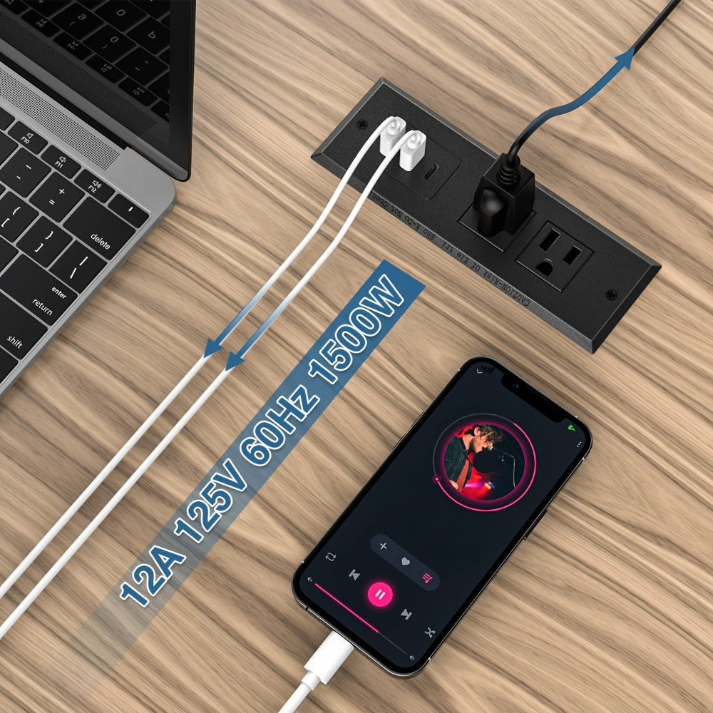 Recessed Power Strip Flush Mount Desk Outlet with USB-C & USB-A Ports In-Desk Power Grommet for Conference Room Office Table Furniture 1.5m Cord