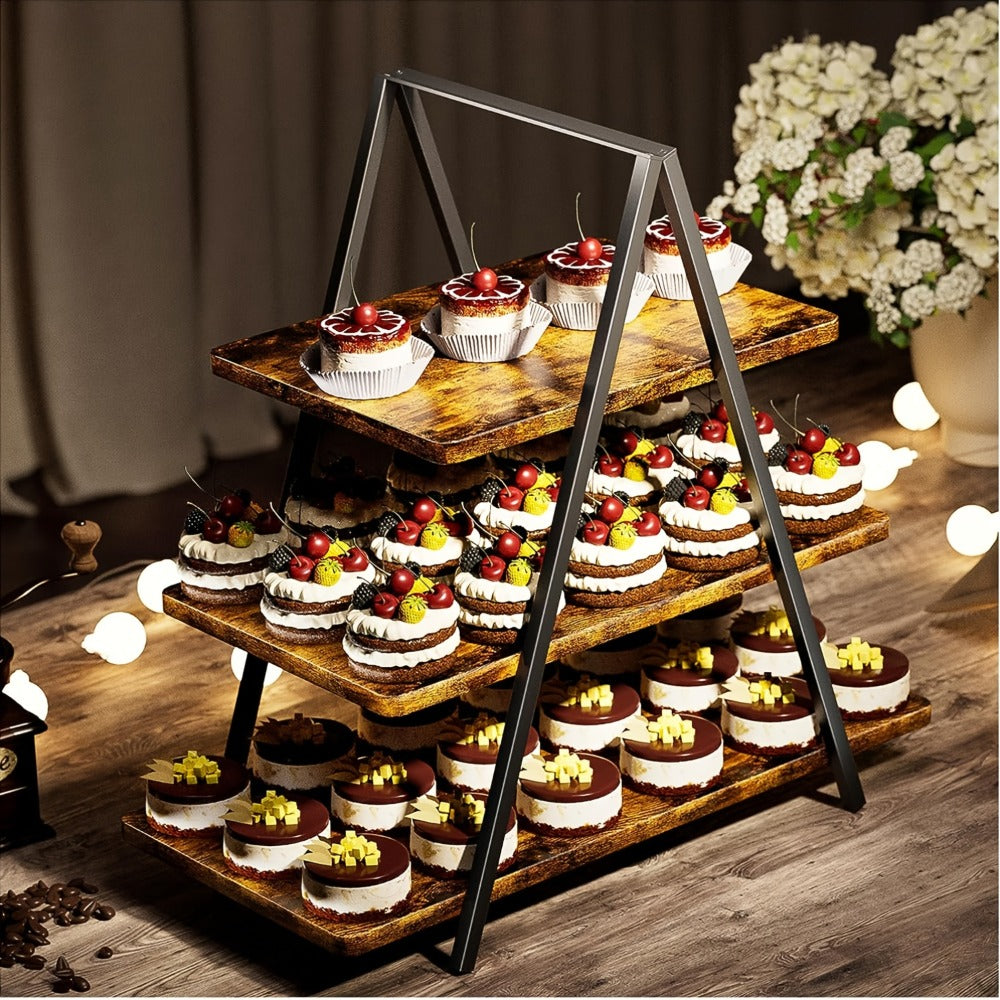 3-Tier Wooden Cupcake Stand ¨C Holds 50 Cupcakes, Dessert Display Rack for Wedding, Birthday Party & Halloween, Rustic Wood Cake Stand in Black, White & Brown