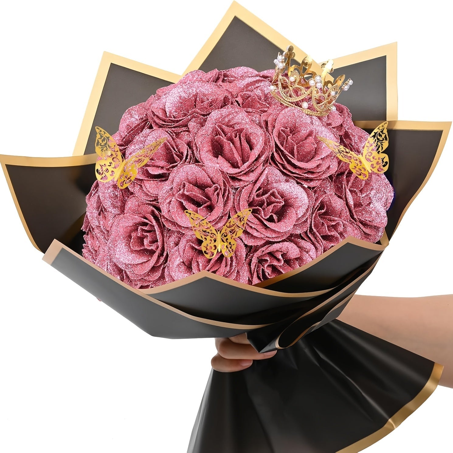 Glitter Roses Bouquet 24/36pcs - Everlasting Artificial Roses with Sparkling Glitter Petals for Valentine's Day, Wedding & Anniversary